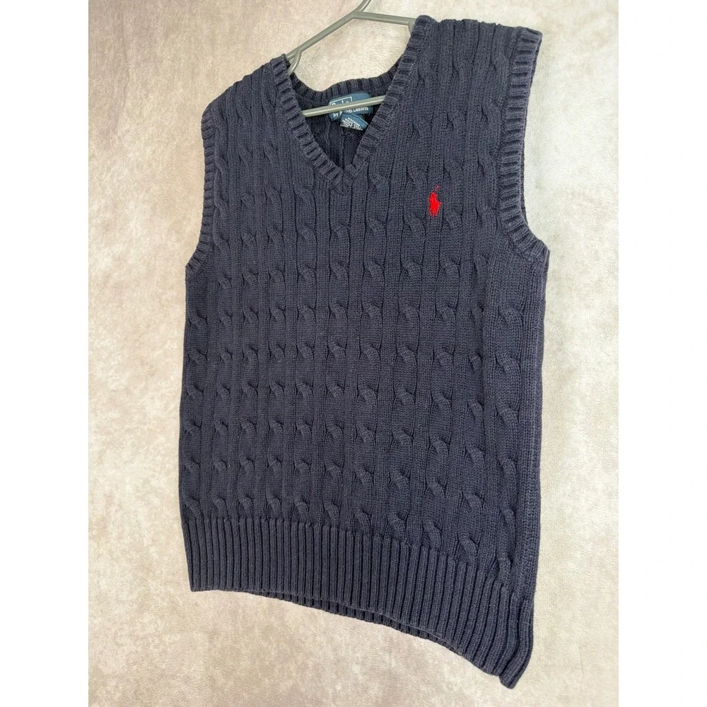 Polo Ralph Lauren Sweater Vest Boys Size 7 Navy Blue Cable Knit V-Neck Cotton